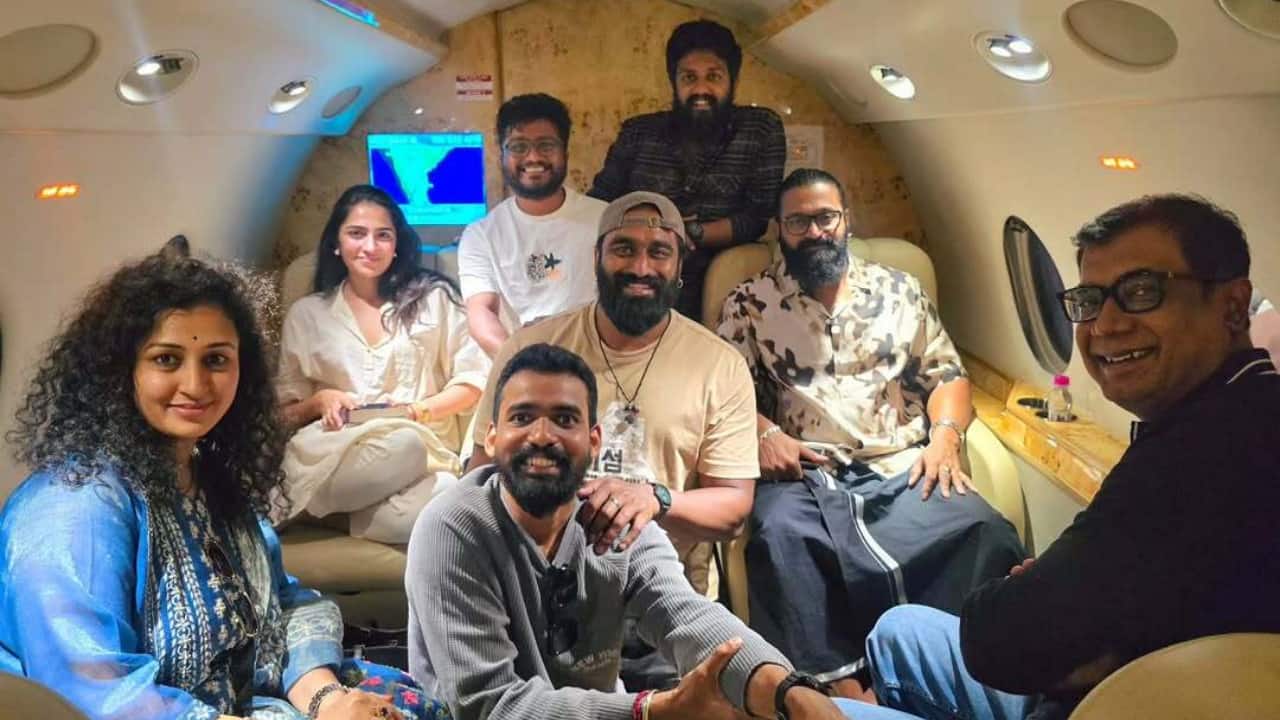 Kantara Chapter 1 team Rishab Shetty, Rukmini Vasanth, Pragathi Shetty pose together in flight