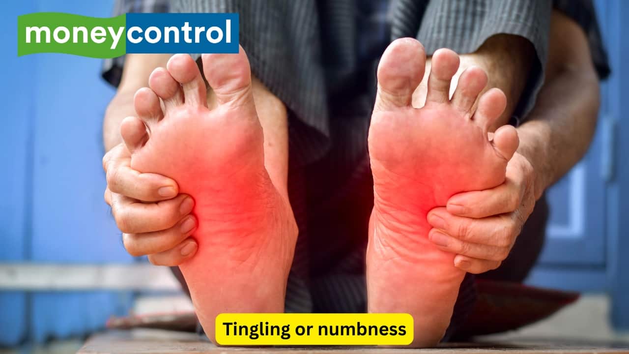 Tingling or numbness A pins-and-needles feeling in the feet might be due to a vitamin B12 deficiency, which leads to nerve damage and even can result in lower red blood cell production. If left untreated, this can cause long-term nerve damage or neuropathy. Animal products like meat, dairy, or B12-fortified foods can help ensure levels are restored. (Image: Canva)
