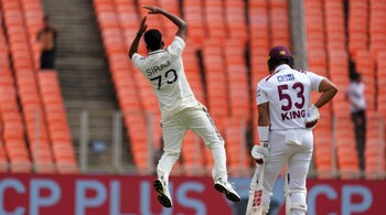 Mohammed Siraj celebrates a wicket in the first Test between India and West Indies at the Narendra Modi Stadium (AP Photo)