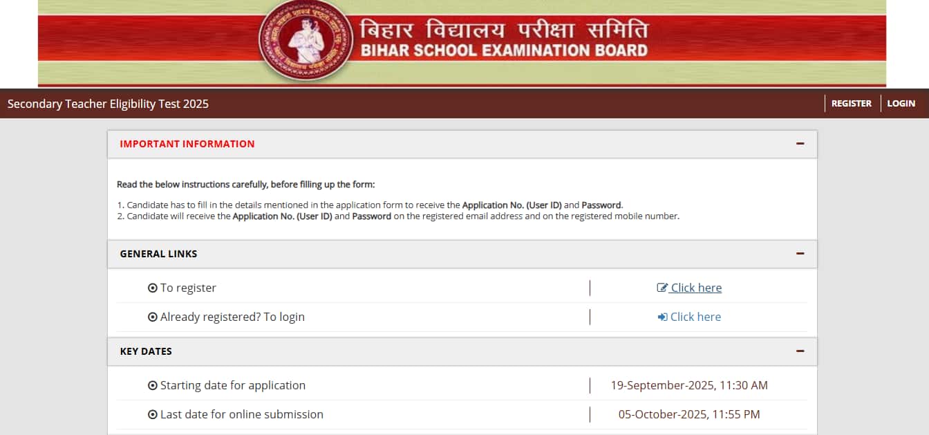 Bihar STET 2025 registration closing today @ secondary.biharboardonline.com, direct link here