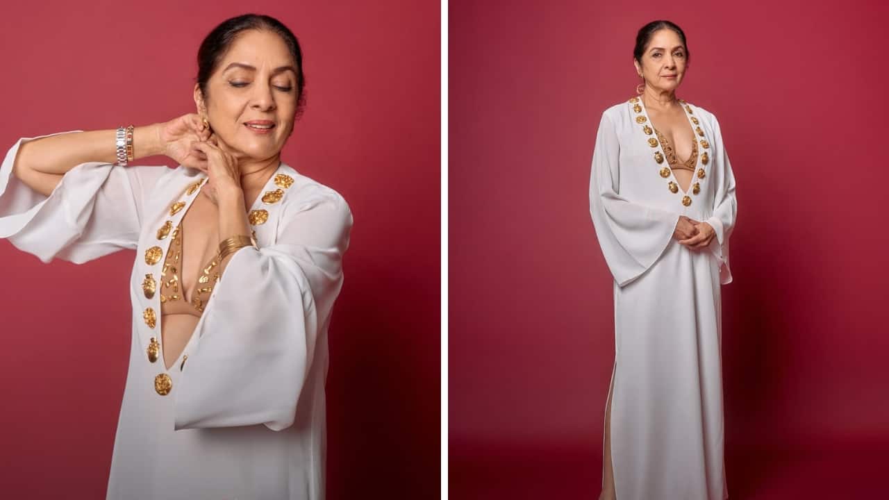 Classy in monochrome Neena carries off this bold look with élan. Wearing an embellished bralette under her deep-cut kaftan-style dress, she proves age is just a number. The gold detailing on the dress lends it a unique edge. She looks classy with minimal accessories.(Image: Instagram)