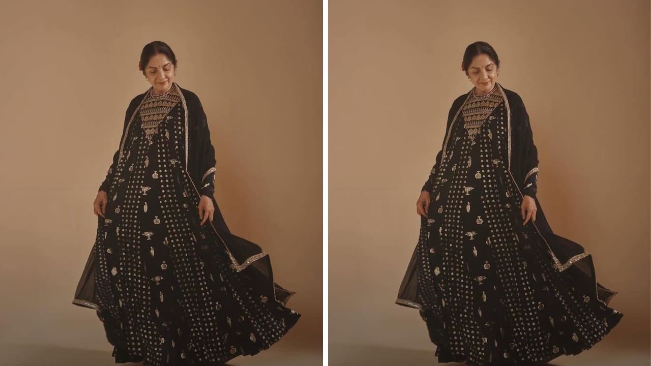 Desi with a modern twist Neena looks perfectly gorgeous in this black foil dress with a fluid, flowing silhouette. Teamed with a black dupatta, the actress proves she is a fashionista. Her outfit is both desi and contemporary in design.(Image: Instagram)