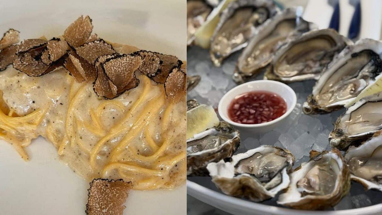 Tara shared a series of pictures on Instagram from her recent vacation with boyfriend Veer Pahariya, including several glimpses of yummy delicacies that they ate. This is a close-up of a luxurious pasta dish in a creamy, light-colored sauce. The entire plate is generously topped with thin, delicate shavings of black truffle.