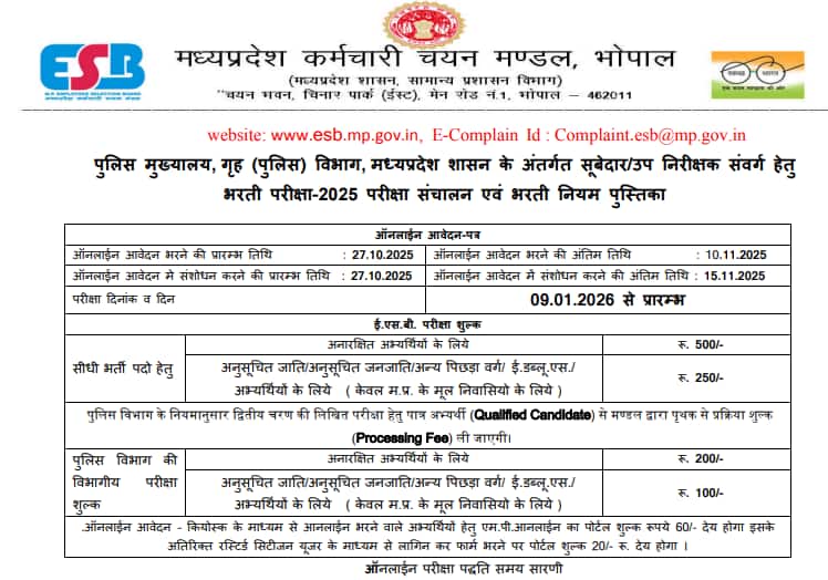 MP SI Recruitment 2025: MP Police announces 500 SI vacancies after 8-year gap, apply from October 27
