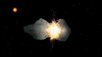 Depiction of two asteroids interacting in the asteroid belt. (Image: Canva)