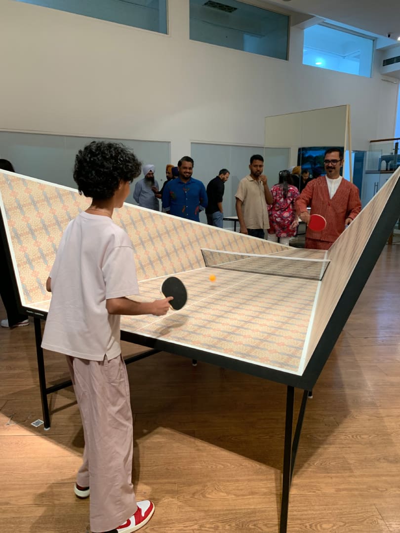 'Assets and Liabilities' by Thukral and Tagra. The motif on the table surface draws upon the old Rs 500 note that is no longer legal tender. (Image credit: Moneycontrol)