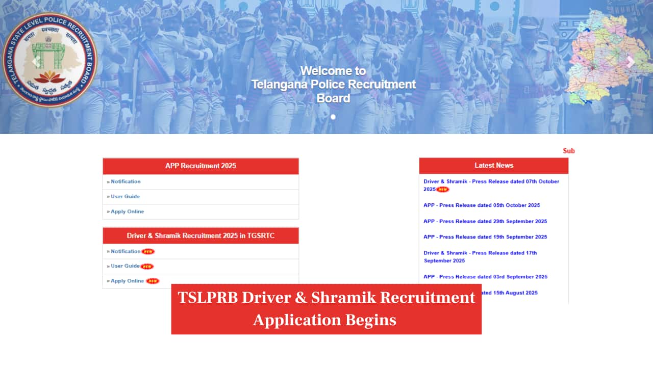 TSLPRB Driver & Shramik Recruitment 2025: Registration begins for 1743 vacancies @tgprb.in; link to apply here