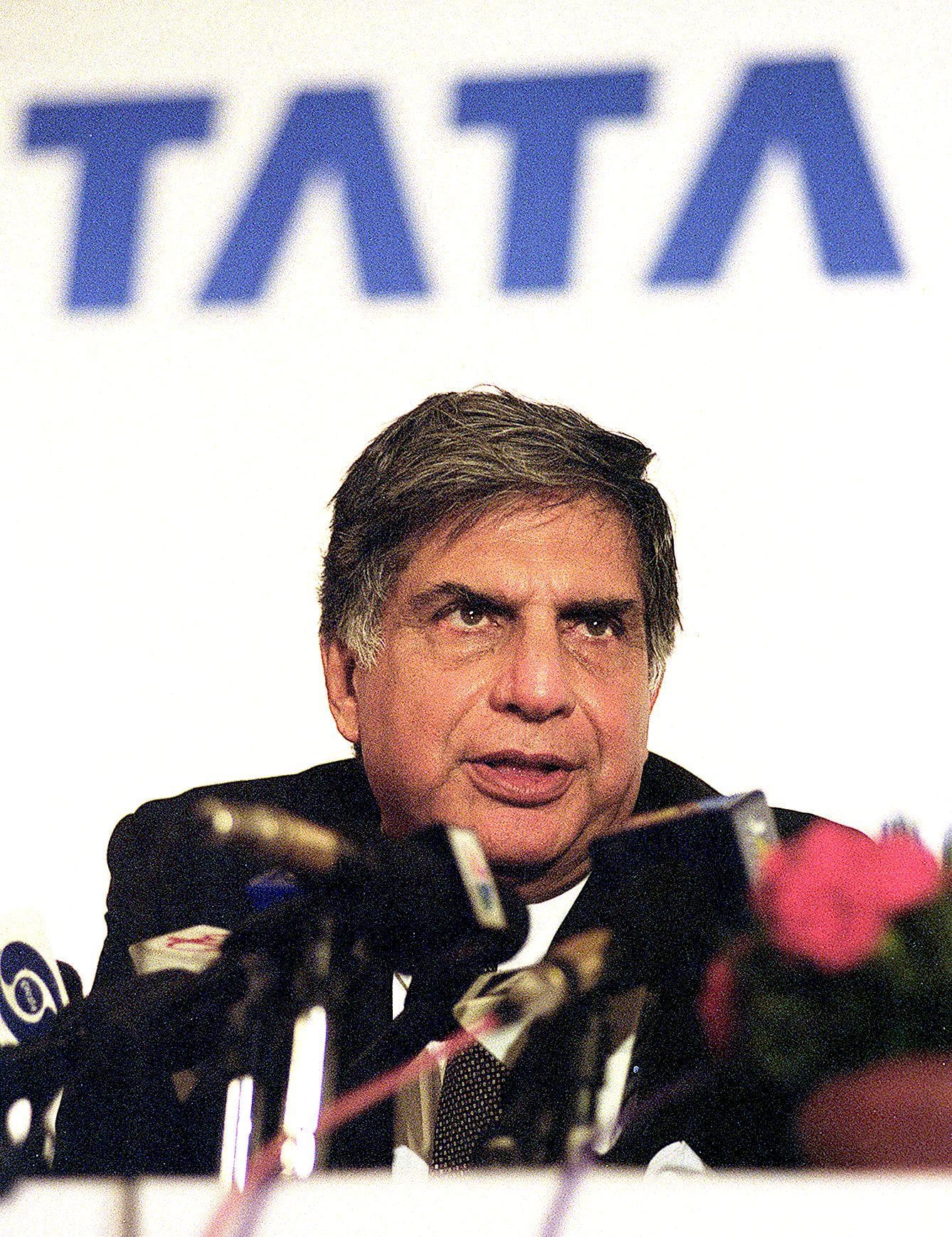 File: Ratan Tata (R) speaks during a press conference at the ongoing Auto Expo in New Delhi 12 January 2000.