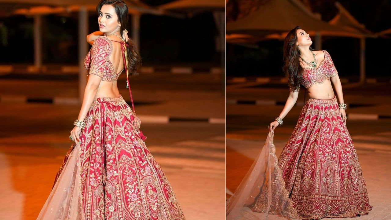 Tejasswi Prakash For the occasion where you are celebrating in a rather grand way, you can consider a heavy lehenga choli set like the one Tejasswi carries in the picture above. A lehenga in velvet or silk with intricate embroidery, mirror work, or stonework adds a touch of glamour.