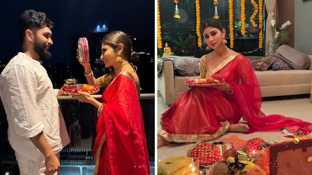 Mouni Roy The Brahmastra star, who loves to celebrate Indian traditions, went the classic route in a rich red saree with a crinkled gold border. The festive sheen was hard to miss and was elevated by her gold jewellery, including a choker, jhumkas, and bangles. (Image: Instagram)