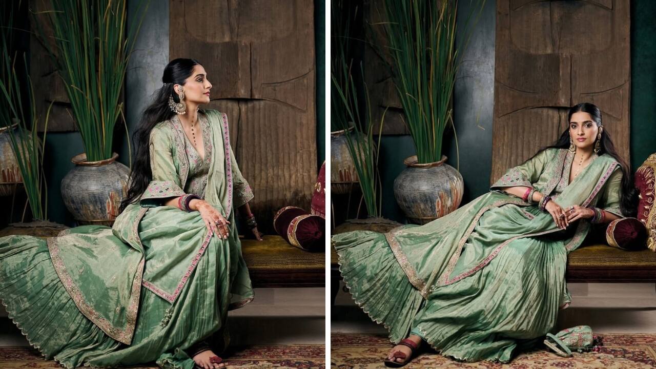 Sonam Kapoor The actress, known as quite the Bollywood fashionista, opted for a serene sage-green outfit by Punit Balana. Her ensemble comprised a custom waistcoat and cape-skirt set crafted from Banarasi tissue fabric. The ensemble, with all its beauty, set her apart. (Image: Instagram)