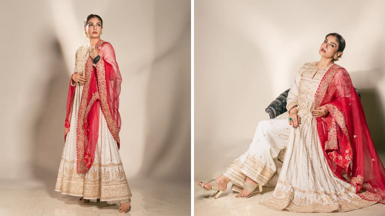Raveena Tandon The actress wore a custom-made ivory Anarkali set by Gopi Vaid for Karwa Chauth last year. The outfit, lined with intricate zari, gota, resham, and marodi embroidery, was paired with embellished palazzo pants and a bright red dupatta with brocade work. (Image: Instagram)