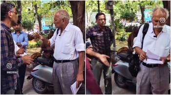 Screenshots from a recent confrontation that retired IIT professor VK Tripathi faced while distributing pamphlets on Gaza. (Image credit: @rakhitripathi/X)