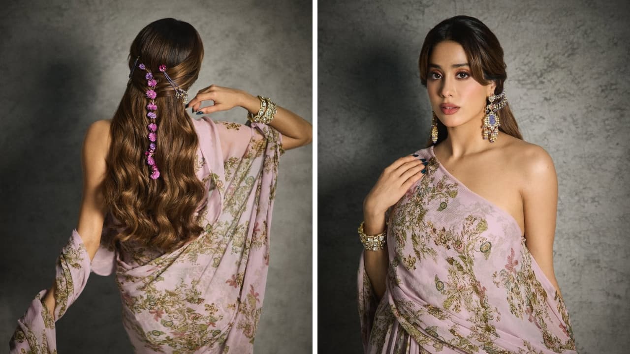 Janhvi Kapoor Janhvi Kapoor outdid herself with each outing for the promotions of Param Sundari. Her ear chain paired with the dazzling floral outfit is unmissable. The polki earrings are beautifully tied to a double chain, and the lavender flowers add to the beauty of the style. (Image: Instagram)