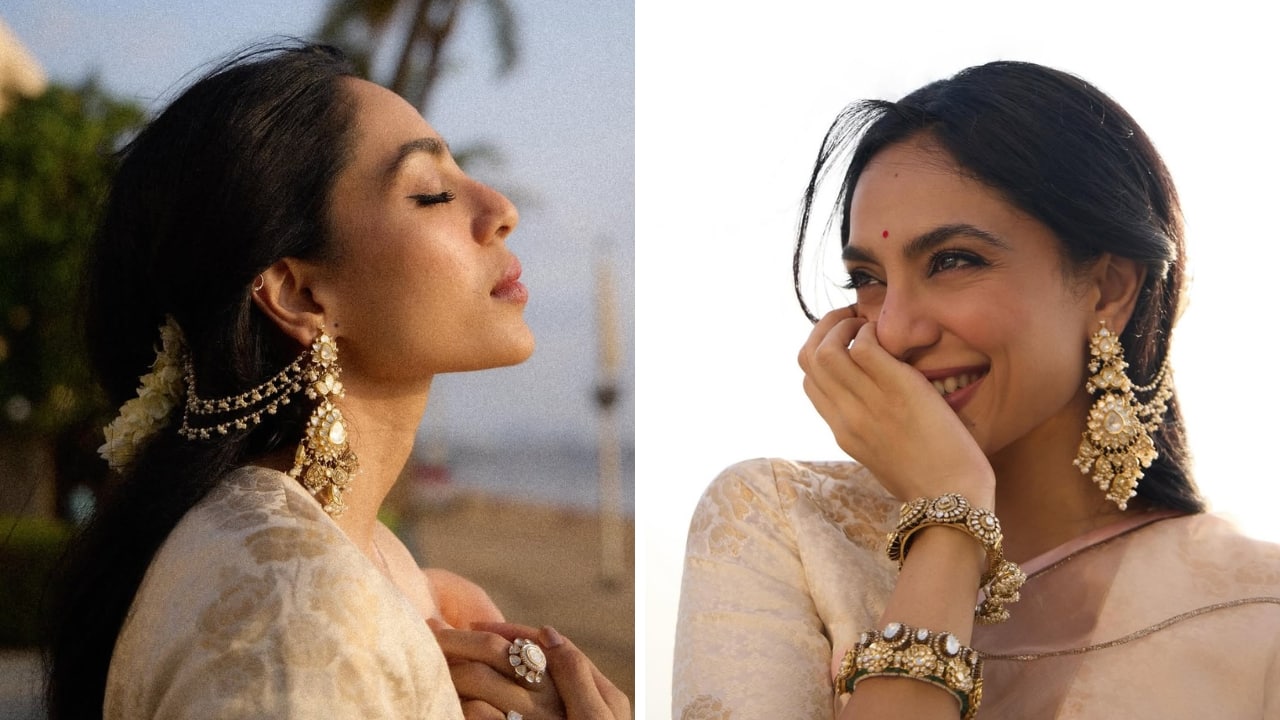 Sobhita Dhulipala Sobhita brings vintage charm to the fore with her blush pink saree and ivory blouse. Her traditional ear chains with pearls enhance the beauty and Indian-ness of her look, along with a mogra gajra. (Image: Instagram)