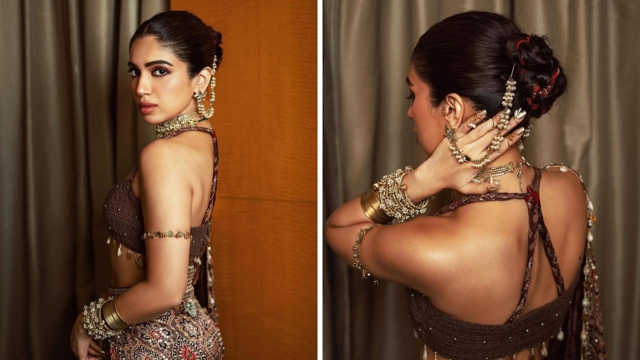 Bhumi Pednekar While Bhumi’s boho mocha outfit makes a statement, her jewellery is even more glamorous, especially the ear chain. The floral stud is attached to a pearl chain that connects to the bun. The entire look blends traditional charm with contemporary styling. (Image: Instagram)