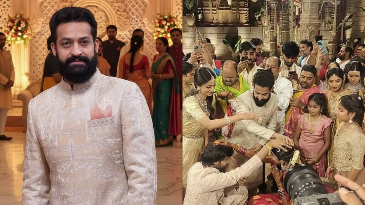 Jr NTR attends brother-in-law Narne Nithiin’s wedding with wife Lakshmi Pranathi and kids in Hyderabad