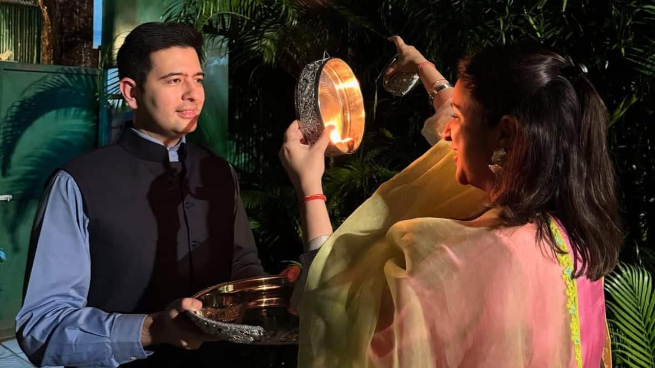 Parineeti Chopra and Raghav Chaddha Parineeti Chopra and her husband Raghav Chadha shared lovely pictures from their Karwa Chauth. During the moon-sighting ceremony, she was seen looking at Raghav through the sieve. The actress aslo showed her personalized juttis with their initials, "P R," and wedding date. "My chaand - my love.. HAppy Karwachauth!" was the caption she wrote for the photo. Parineeti Chopra and Raghav Chaddha Parineeti Chopra and her husband Raghav Chadha shared lovely pictures from their Karwa Chauth. During the moon-sighting ceremony, she was seen looking at Raghav through the sieve. The actress aslo showed her personalized juttis with their initials, "P R," and wedding date. "My chaand - my love.. HAppy Karwachauth!" was the caption she wrote for the photo.
