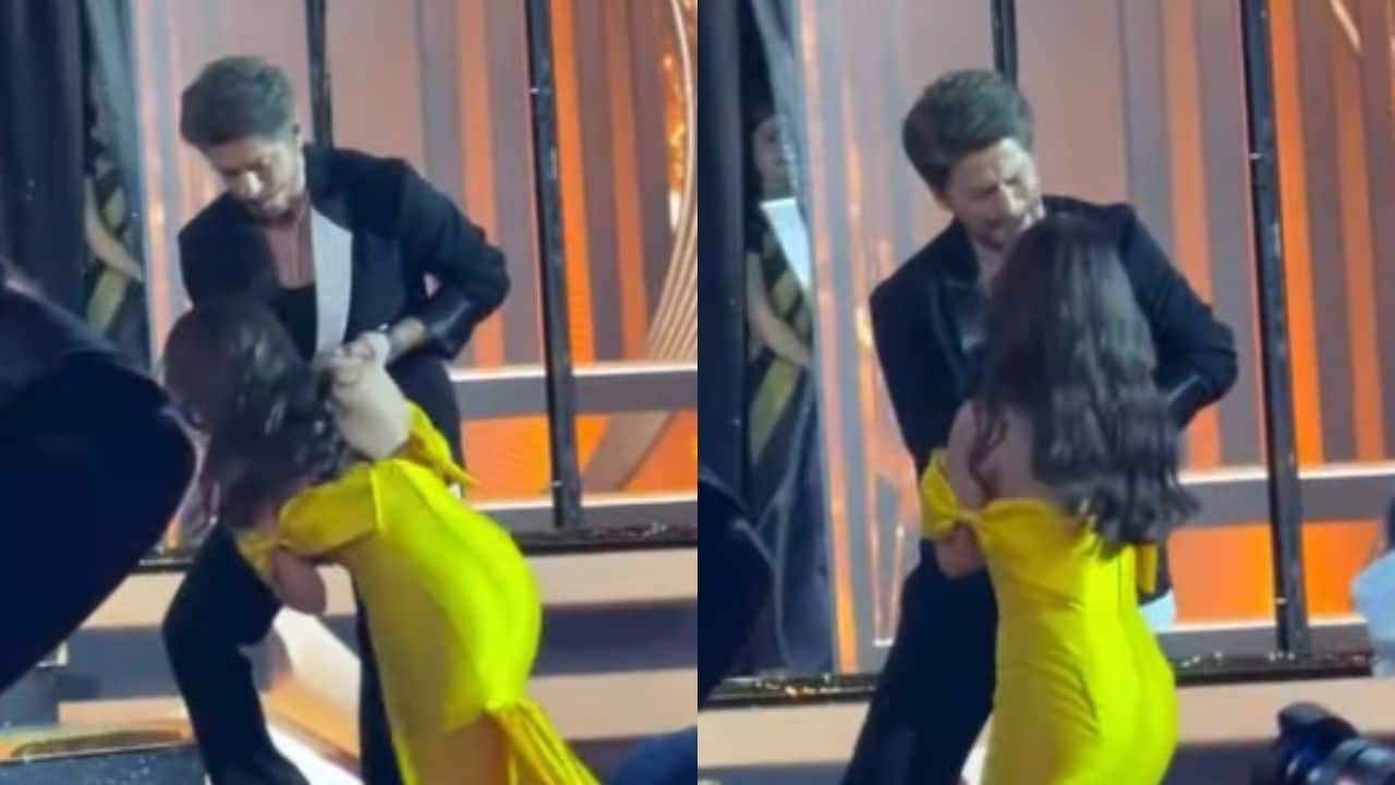 Shah Rukh Khan saves Nitanshi Goel after she loses balance on stage at Filmfare Awards