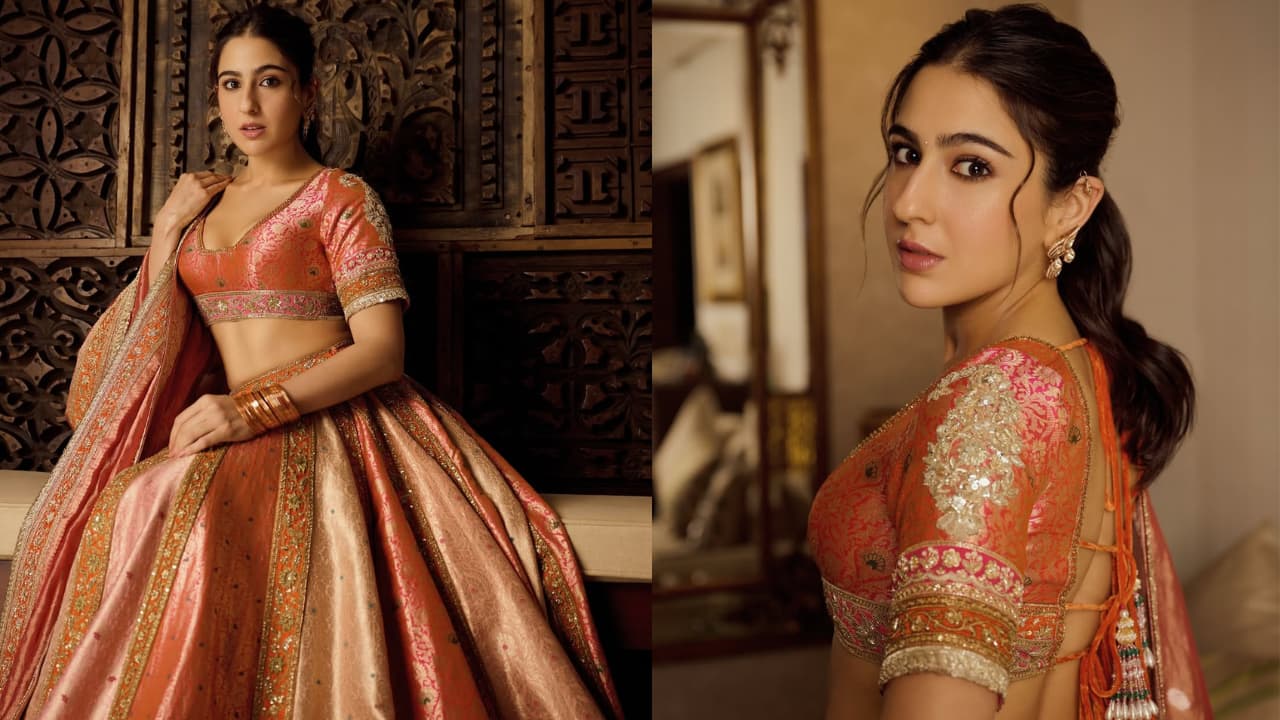 Sara Ali Khan Sara Ali Khan also made a glamorous appearance at the Diwali party, dressed in a brightly colored lehenga, with a mix of orange and pink with gold embroidery. She elevated her traditional look with a matching dupatta and a potli.