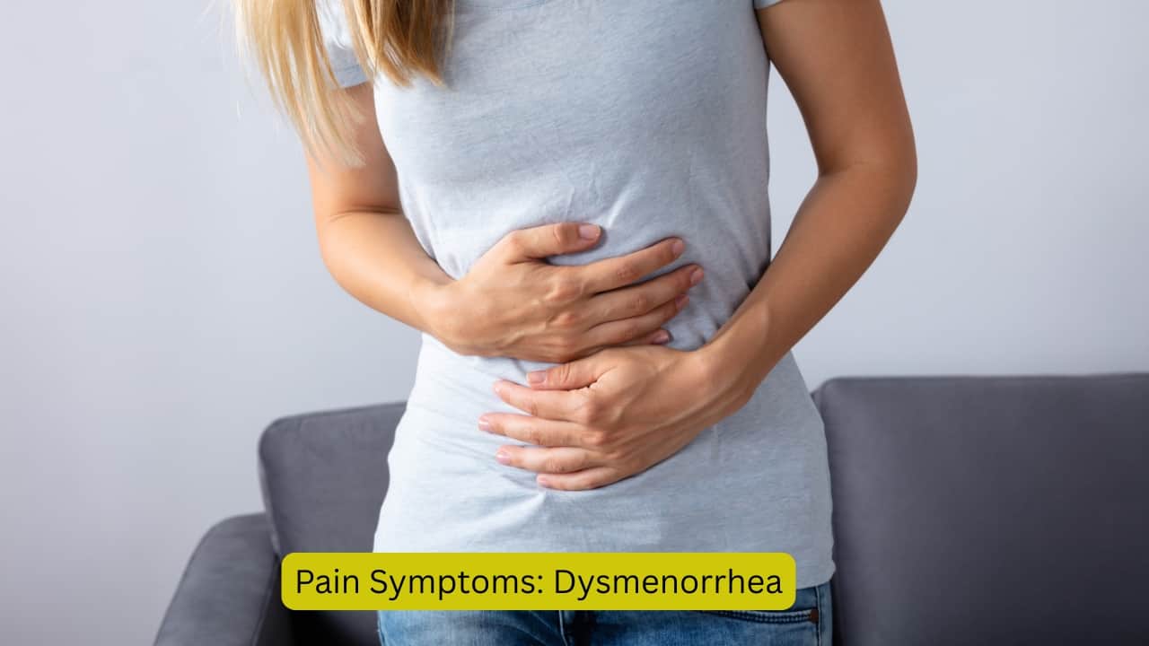 Pain Symptoms: Dysmenorrhea Dysmenorrhea is the progressively increasing colicky pain that occurs during the period, and it is due to the retrograde pattern of the uterine contractions. The pain becomes severe when the depth of the endometrium into the myometrium becomes more than eighty per cent. (Image: Canva)