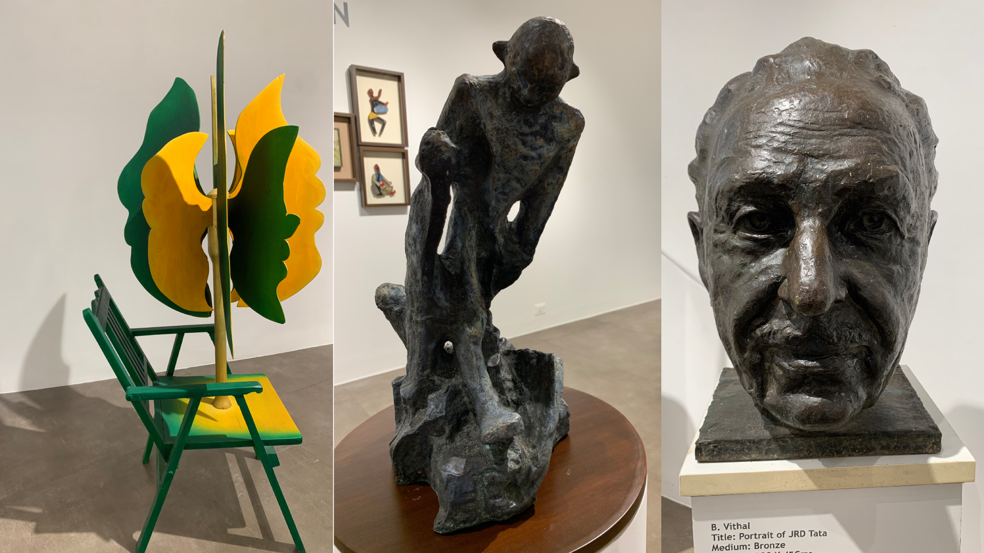 At the risk of flattening what is really a richly storied collection, here’s a list of artists whose works are included in the show: Ramkinkar Baij, K.S. Subramanyan, Somnath Hore, Sankho Chaudhuri, Prodosh Das Gupta, Meera Mukherjee, A. Davierwalla, S.K. Bakre, S.H. Raza, M.F. Husain, Akbar Padamsee, Krishen Khanna, Chintamoni Kar, K. Laxma Goud, Amarnath Sehgal, Satish Gujral, Himmat Shah, B. Vithal, S. Dhanpal, S.Nandagopal, K.S. Radhakrishnan, Gulam Mohammed Sheikh, Mrinalini Mukherjee and Ved Nayar. In the show catalogue, Raza Foundation founder and executive trustee, and feted poet Ashok Vajpeyi, wrote: “Modern Indian sculpture has inherited the great and complex traditions of Indian sculpture as well as has responded to growing modernity, equally complex and innovative. As the works included in the show exemplify, sculpture has incorporated memory and heritage, extended them to include a more restless, in many ways, unsettling present. The sculpture creates an ethos of recall and resource and yet asserts the moment. It moves in a space merging the time and the timeless creating moments of meditative silence, of seamless merger and, oftentimes, of creative tension.” (Pictured above: Works by Gulam Mohammed Sheikh, Ramkinkar Baij and B. Vithal)