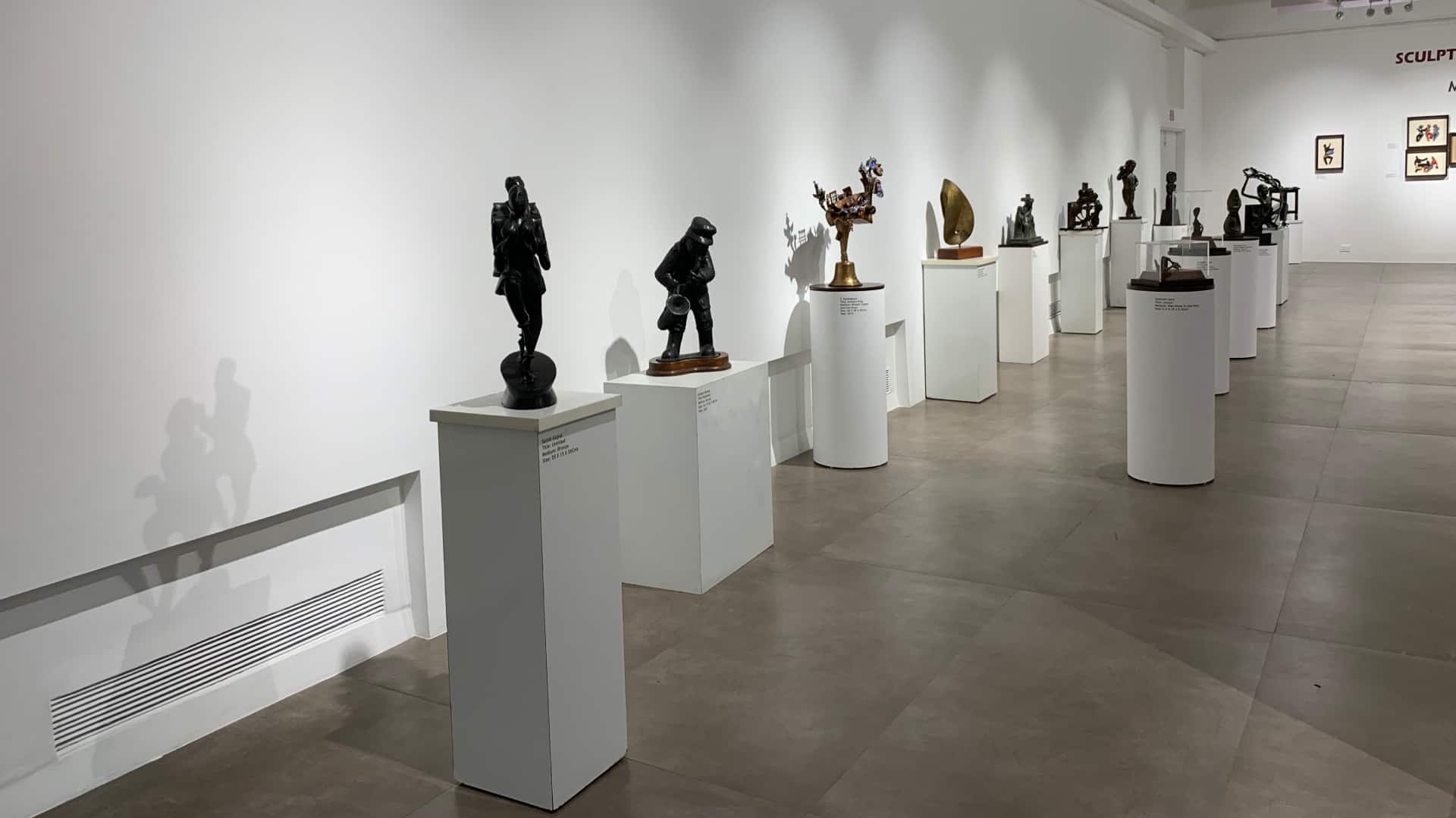 At ‘Sculpting the Century’, the pieces are lined up in simple rows. Bronzes make up the majority, but leather, terracotta and wood find room here, too, as S. Nandagopal’s highly stylized bronzes inspired by South Indian temples lead to Sankho Chahudhuri’s minimalist abstracts; K. Laxma Goud’s sensuous bronzes are followed by his mentor KG Subramanyam’s leather-and-wood figures, including the kinetic toy ‘Deer’ with pull-strings for children; and KS Radhakrishnan 73x37x7 cm ‘Maiya’ is placed next to his mentor Ramkinkar Baij’s evocative Mahatma Gandhi figure. The back wall is covered in wood cuts and toys by MF Husain. Himmat Shah’s bronzes and terracottas are lined up to one side, with Akbar Padamsee’s bronze heads for company. There are way fewer works by women — with Meera Mukherjee and Mrinalini Mukherjee holding fort, again, in this show.