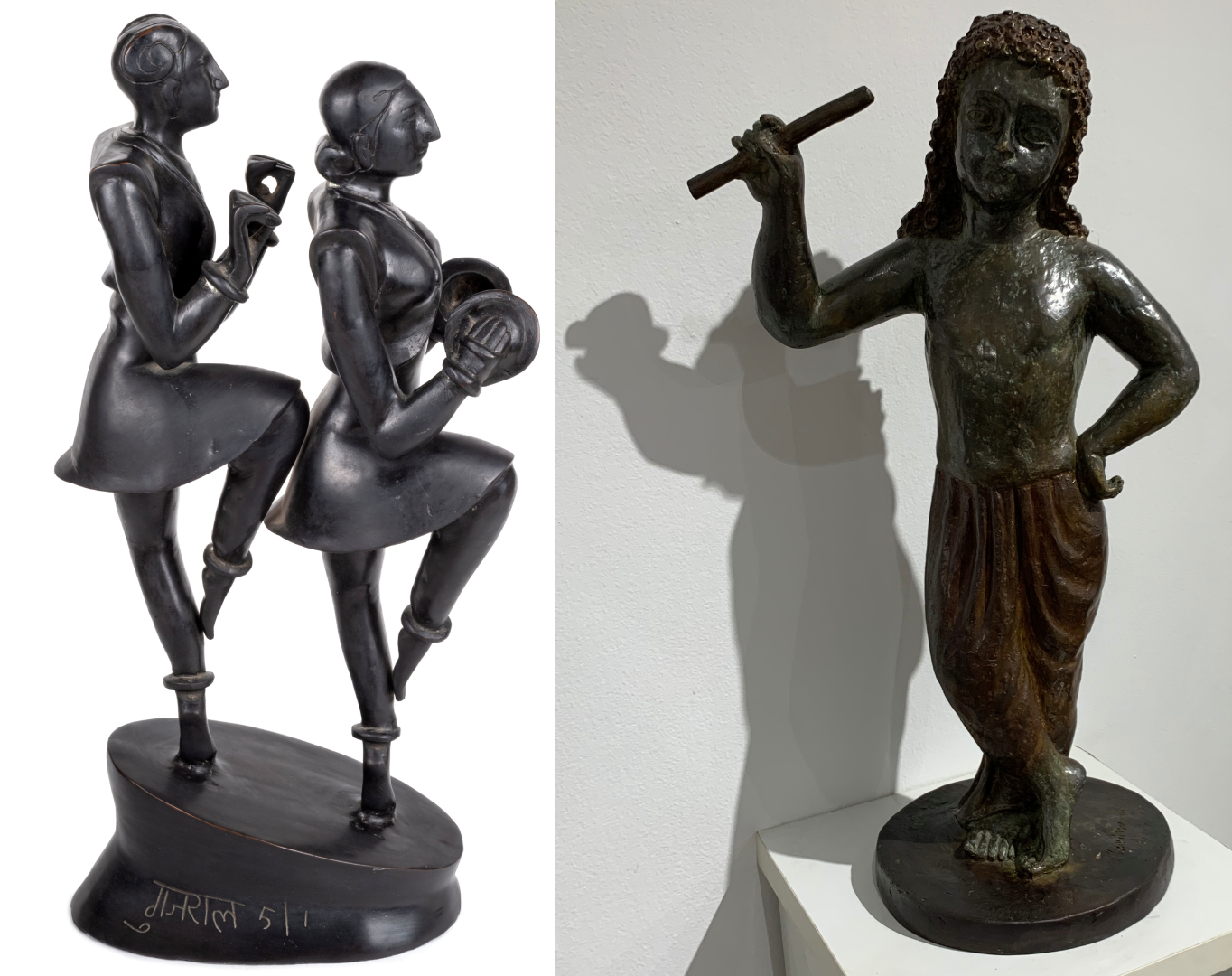 There are sculptures here by people we primarily know as painters and printmakers, too. Krishen Khanna’s ‘Bandwalla’ hunched over playing the Sax stands close to Subramanyam’s ‘Goat’ in leather and wood. A wood sculpture by Gulam Mohammed Sheikh titled ‘Tree to Tree’ (acrylic, teak and plywood) recalls his yellows and the recurring motif of trees in his works. A Jayasri Burman’s Krishna-like figure in bronze is across the room from Akbar Padamsee’s bronze heads. And a bronze work by Satish Gujral depicting two figures caught mid-dance; the woman playing cymbals and the man following behind her.