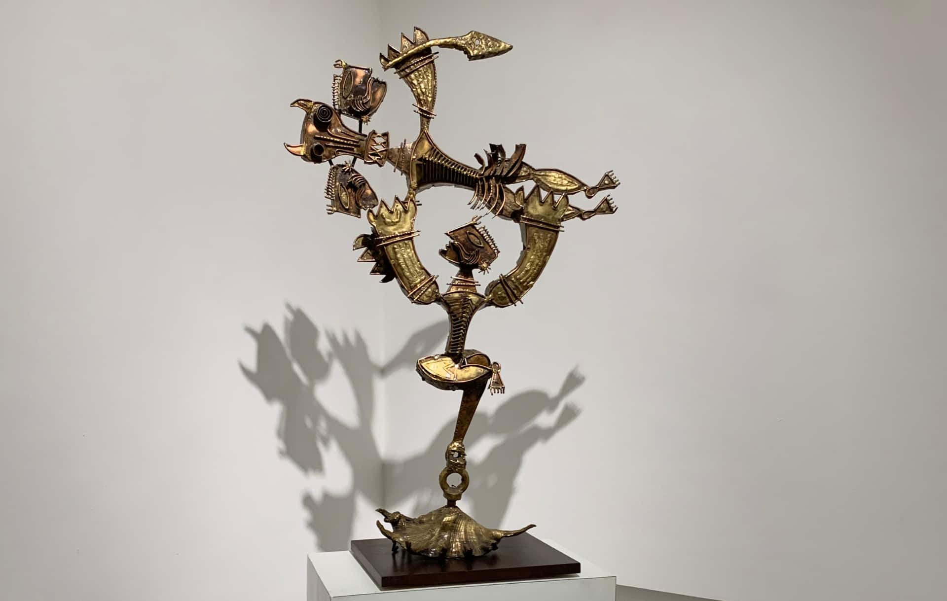 Despite the long list of names here, there are some important sculptors who — perhaps for more banal reasons like space, logistics and availability — have not been included in the show. Two names that stand out are KCS Paniker and DP Roy Choudhury. Paniker’s son S. Nandagopal is featured prominently in the show. And if you are in Delhi, perhaps you can get a sense of Choudhury’s monumental bronzes by looking at the Gyarah Murti sculpture depicting Mahatma Gandhi’s salt march in 1930. (Pictured here: S Nandagopal’s Memories of a Hero Stone IV; welded copper and cast bronze supported by iron armature; 111 x 72 x 29 cm; 2001)
