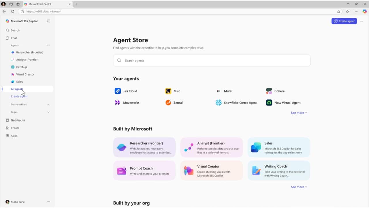 What is the Agent Store?  It’s a centralized, curated marketplace inside Microsoft 365 Copilot, where users can discover agents suited for tasks like knowledge retrieval, document workflows, data operations, and more. It supports personalized discovery and seamless integration with Teams and other M365 apps.  