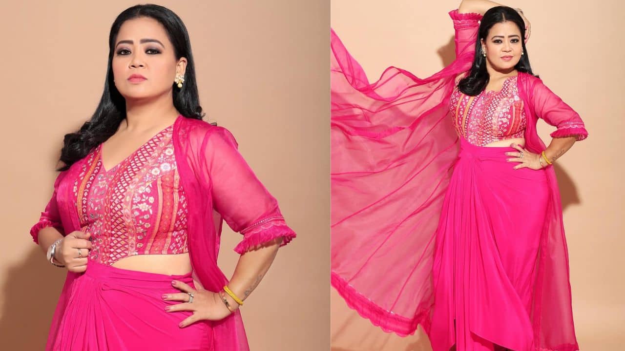 Bharti Singh Bharti knows how to carry herself in uniquely styled outfits and this time she wears a pink printed outfit stitched with a fancy cape and her bottom is stitched into a drape too. This kind of an outfit will definitely make you stand out of the crowd. 