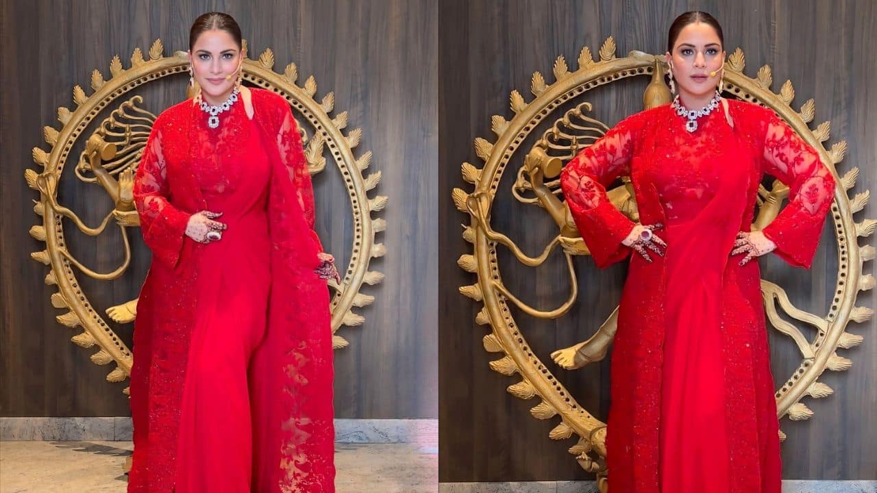 Shraddha Arya Go off-beat like Shraddha in a gown with a self printed chikan work gown and a see through jacket. Elevate your look with a choker neckpiece, a chunky fashionable ring and earrings to get that perfect festive vibe. 