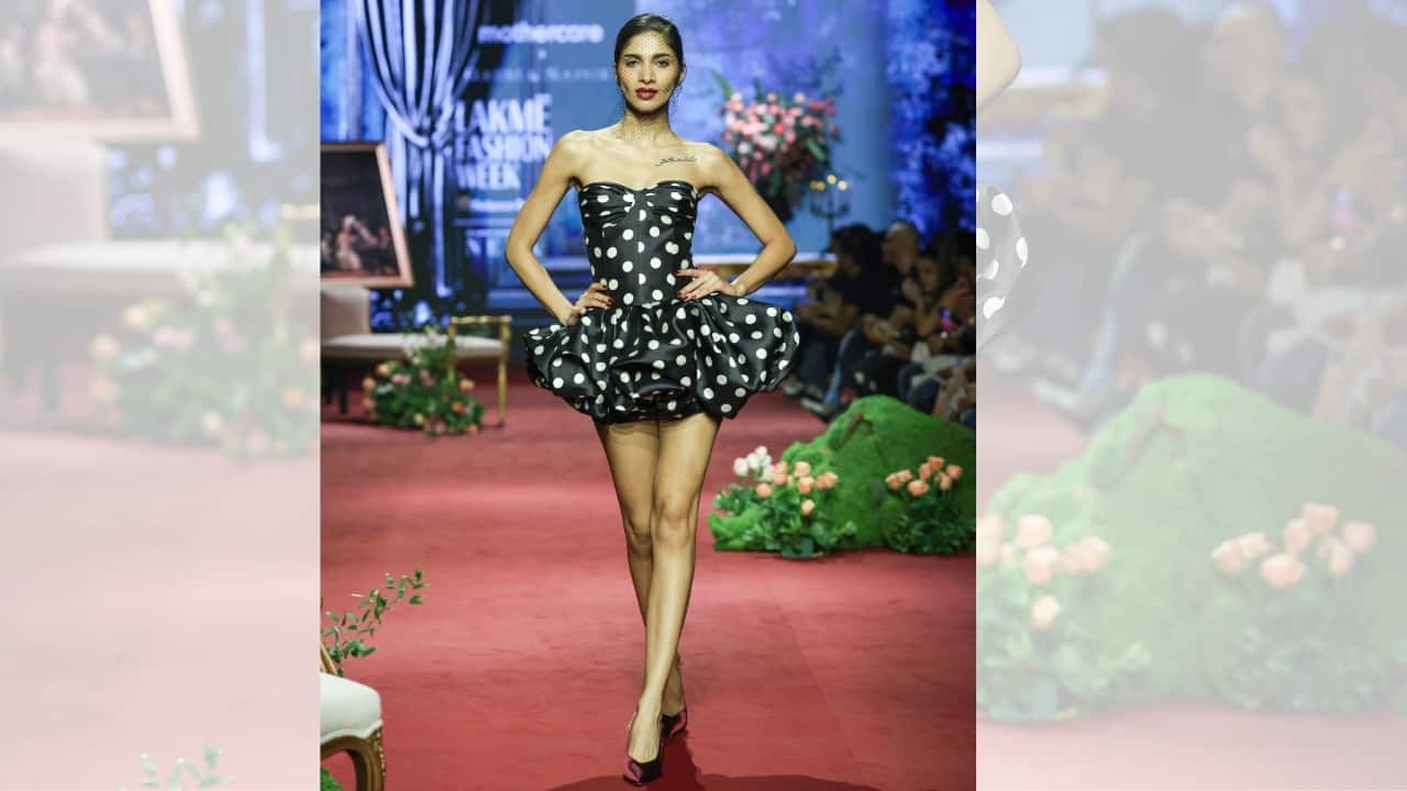 Gauri & Nainika’s Spring–Summer 2026 collection featured polka dots, full skirts, bows, and ruffles in luxurious fabrics like silk organza and tulle