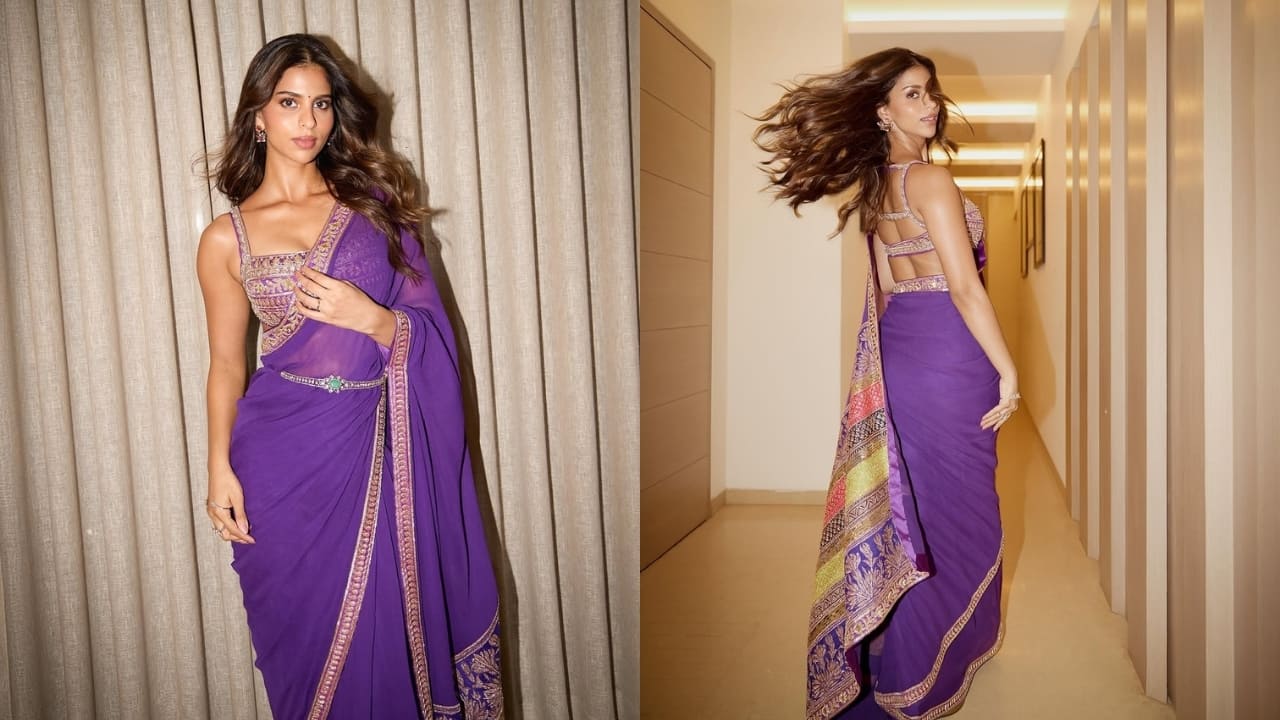 Turning heads, actor Suhana Khan sports a vintage, recycled purple saree at Manish Malhotra's Diwali bash