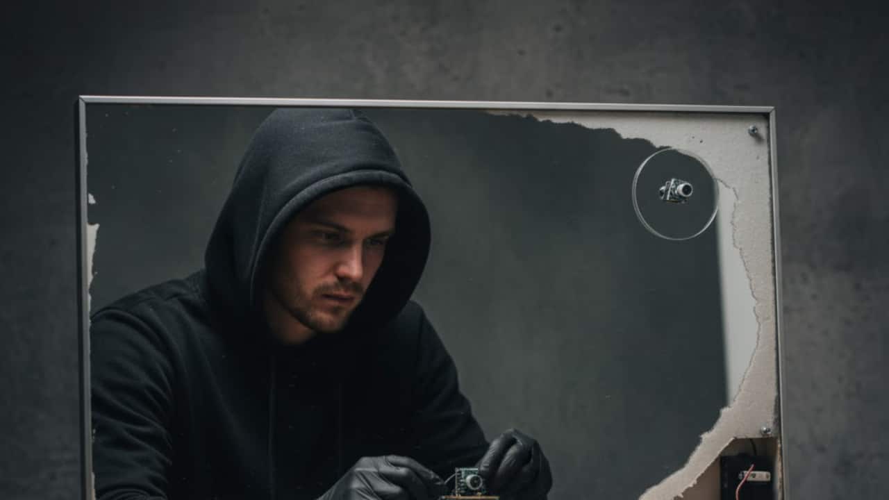 Mirrors Two-way mirrors are another common method of concealing cameras. You can test a mirror by placing your fingertip on it: if your reflection directly touches your finger with no visible gap, it might be a two-way mirror. In that case, report it immediately.