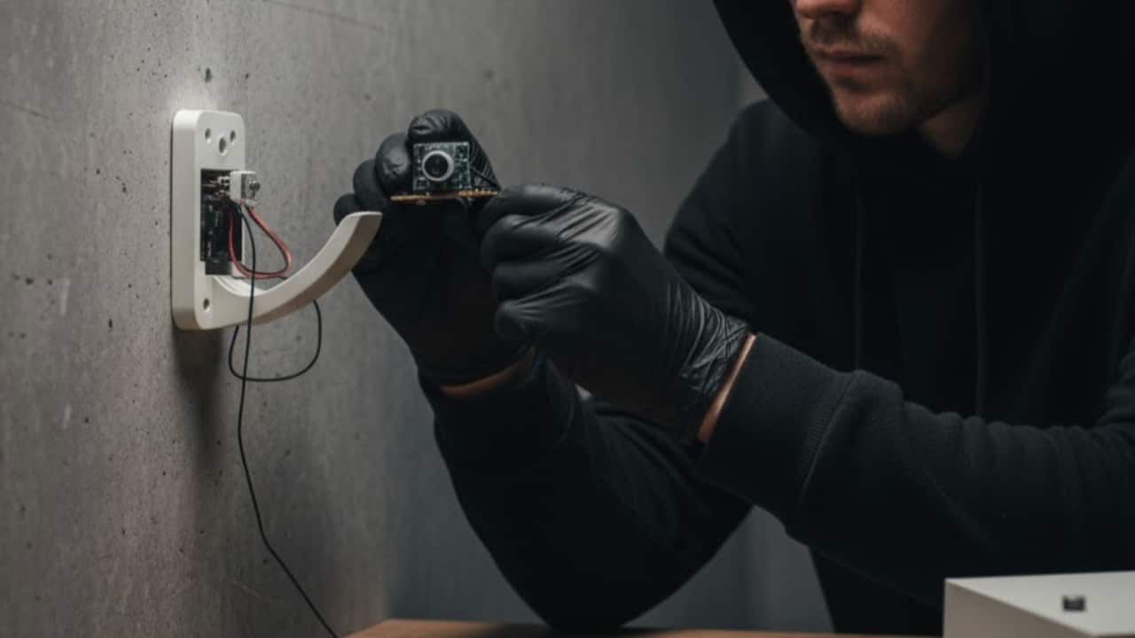 Electrical outlets Electrical outlets are discreet locations for tiny pinhole cameras. These spots offer both concealment and continuous power. If an outlet appears newly installed, slightly misaligned, or has an unusual hole or mark, it could be hiding a lens.