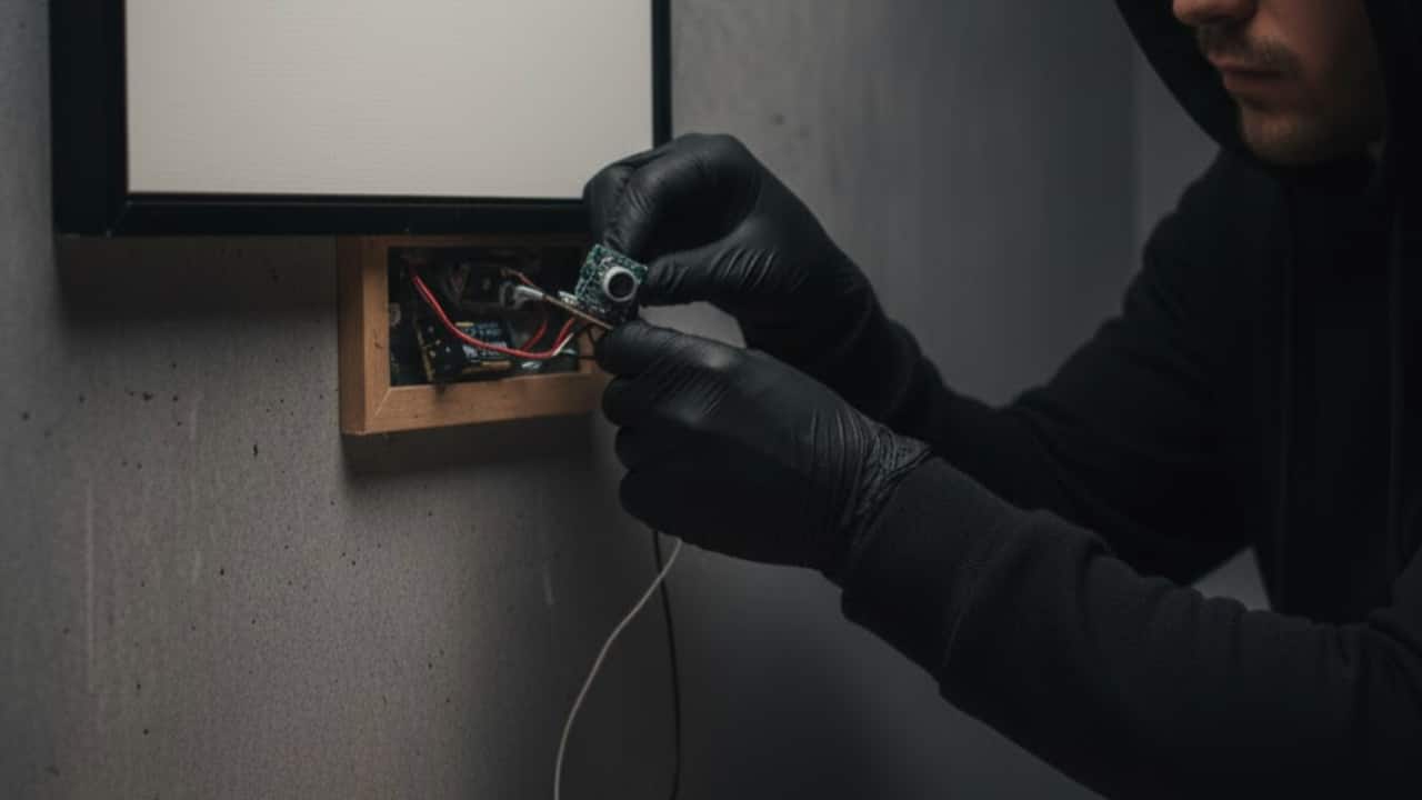  Wall décor Picture frames, paintings, or decorative wall art can easily hide a camera behind the glass or inside the frame’s border. Cameras placed in these objects usually target areas like the bed, bathroom entrance, or changing zone.