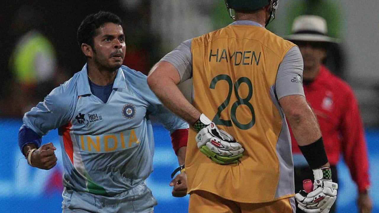 Sreesanth In the 2007 Semi-finals, Sreesanth’s fiery spell T20I World Cup against Australia was more than just a spell; it was like a revenge, as he said earlier, he still remembered the 2003 World Cup loss. “I just wanted Australia to be defeated. I want to kill them literally”. His wild celebration after Matthew Hayden’s wicket is still fresh in memory. (Photo-AFP)