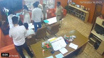 The assault took place inside the principal's office at Delhi University’s Dr Bhim Rao Ambedkar College, CCTV footage shows.