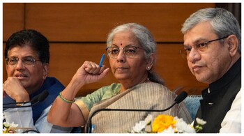 Finance Minister Nirmala Sitharaman with Union Ministers Piyush Goyal (L) and Ashwini Vaishnaw during a press conference, in New Delhi, on Saturday. (Courtesy: PTI photo)