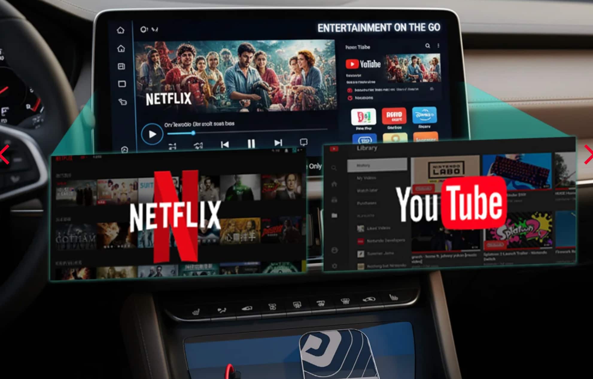 Built-in streaming for parked use The adapter enables YouTube and Netflix playback directly on the car screen when the vehicle is stationary. This allows parked-time use (waiting zones, charging stops, and breaks) without attaching separate screens or phones.