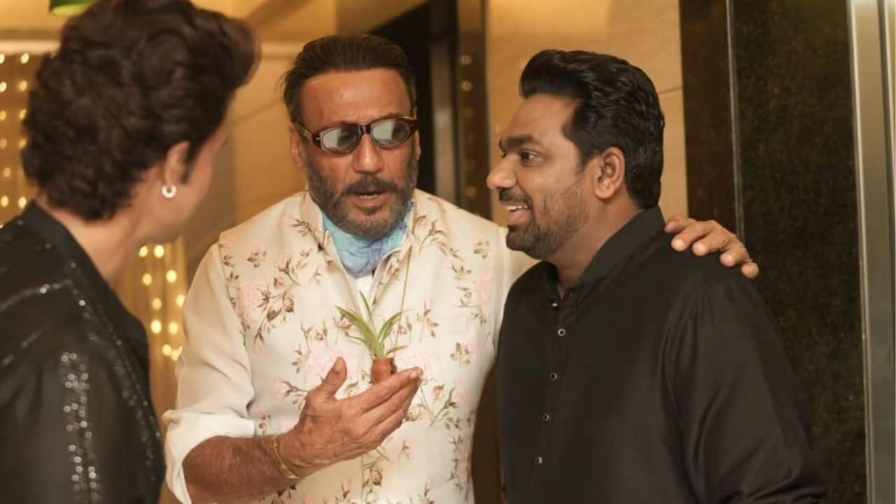 Ravi Dubey was seen deep in conversation with **Jackie Shroff** and **Zakir Khan** during the festive gathering, and the trio’s interaction instantly became a highlight of the evening. Jackie, dressed in his signature floral jacket and shades, appeared animated as he spoke, while Zakir listened intently, smiling warmly. Ravi, standing nearby, added to the friendly exchange — a perfect snapshot of creative minds from different worlds connecting over laughter, stories, and festive cheer.