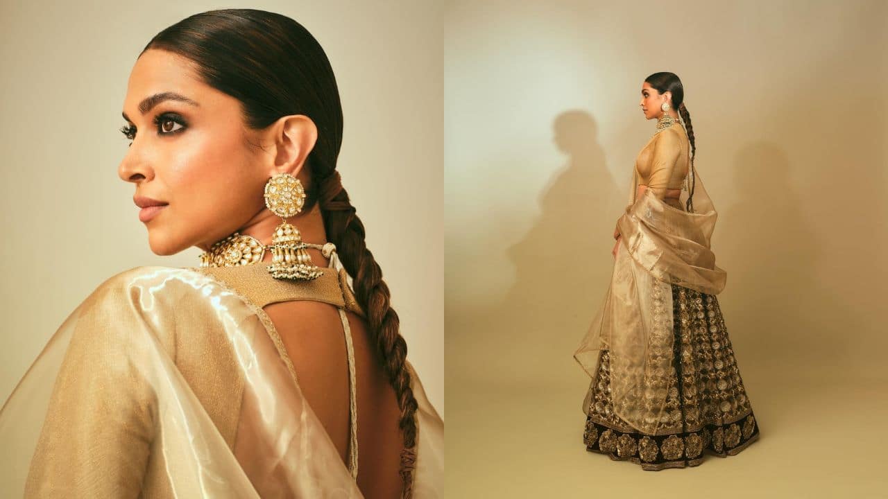 Ethereal gold lehenga look Deepika Padukone looked stunning wearing an exquisite Sabyasachi lehenga that definitely gave a regal look. The heavily embroidered skirt, sheer dupatta, and chunky polki jewellery perfectly complement the actress' sleek, long braid and dramatic smoky eyes.