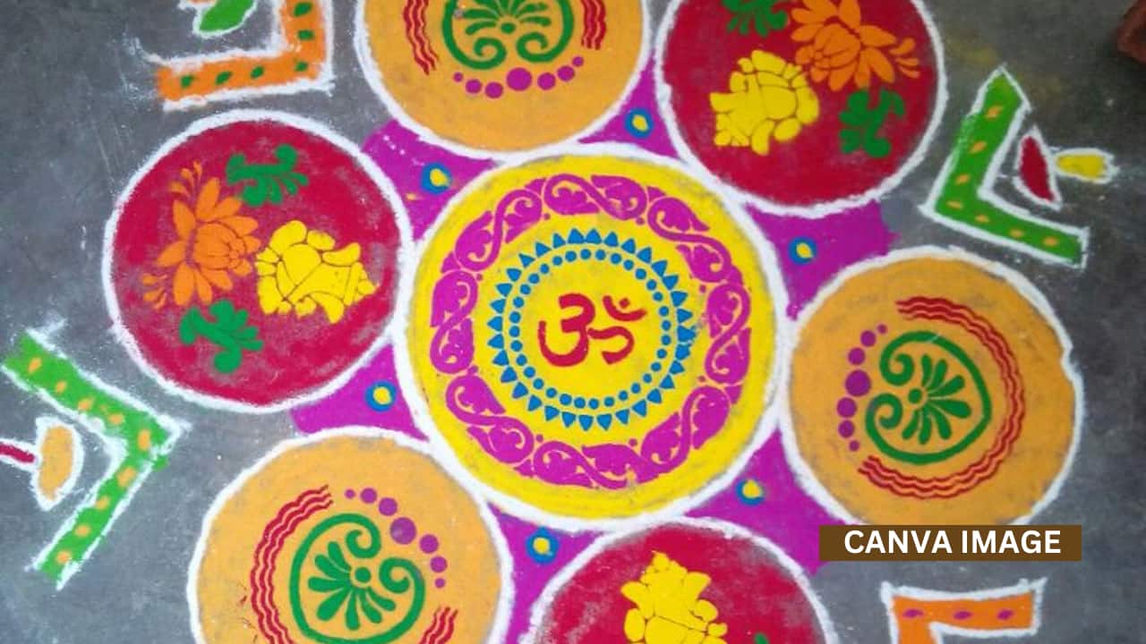 Tiny footprints of Goddess Lakshmi drawn from the doorway to the altar invite wealth and divine blessings home.