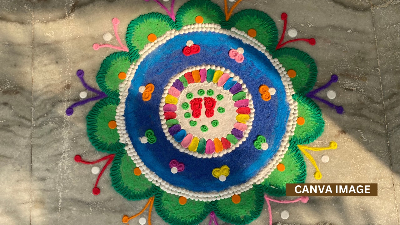 Combine rangoli art with lit diyas and tea lights for a glowing, divine ambience at home or office entrances.