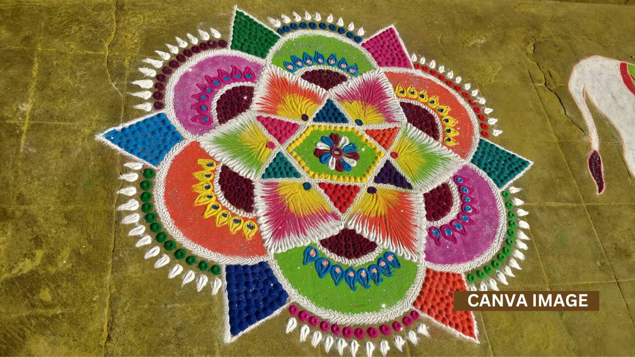Made with rice flour or chalk powder, this simple design reflects purity and serenity while keeping it elegant.