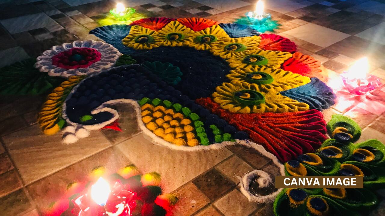 Use rose, marigold, and mango leaves to craft eco-friendly rangolis that fill your space with fragrance and freshness.