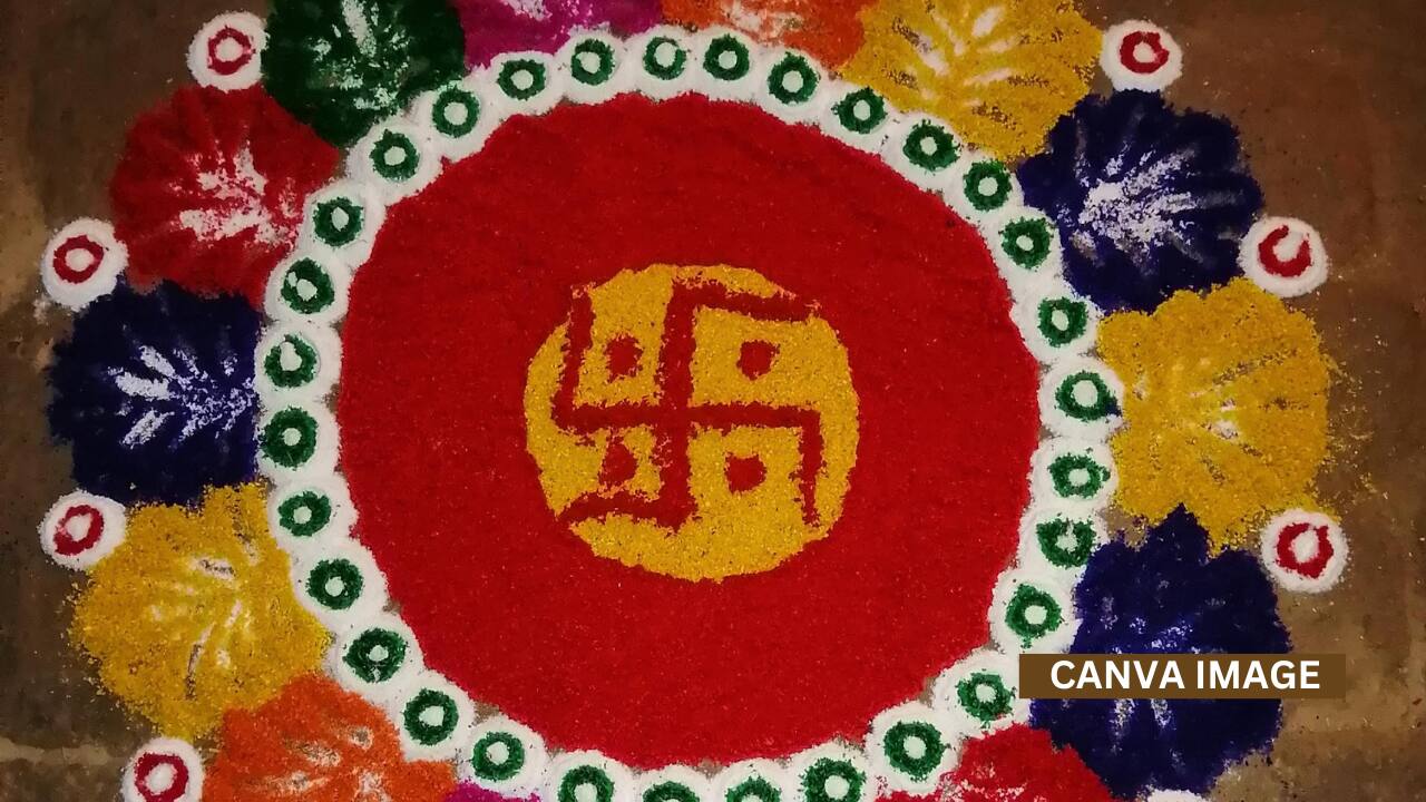 Sacred symbols like Om or Swastik bring spiritual energy and good fortune when drawn at the main doorway.
