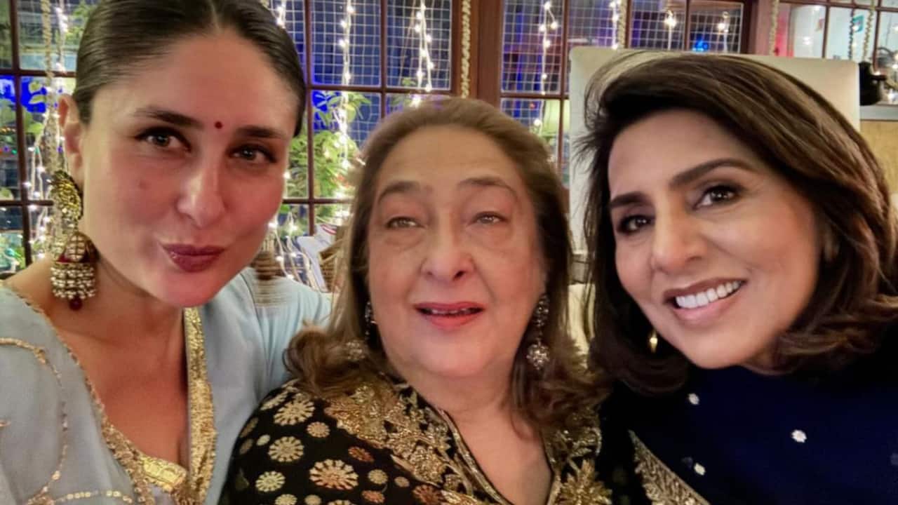 Mothers, Daughters, and Aunts In a candid click, Neetu Kapoor is seen posing happily with Kareena Kapoor Khan and her aunt, Rima Jain. Kareena is decked up in a light blue outfit, paired with large jhumkas, a neat bun, and a bindi, showcasing a traditional festive look.