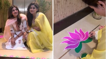 Shilpa Shetty and Shamita Shetty craft rangoli